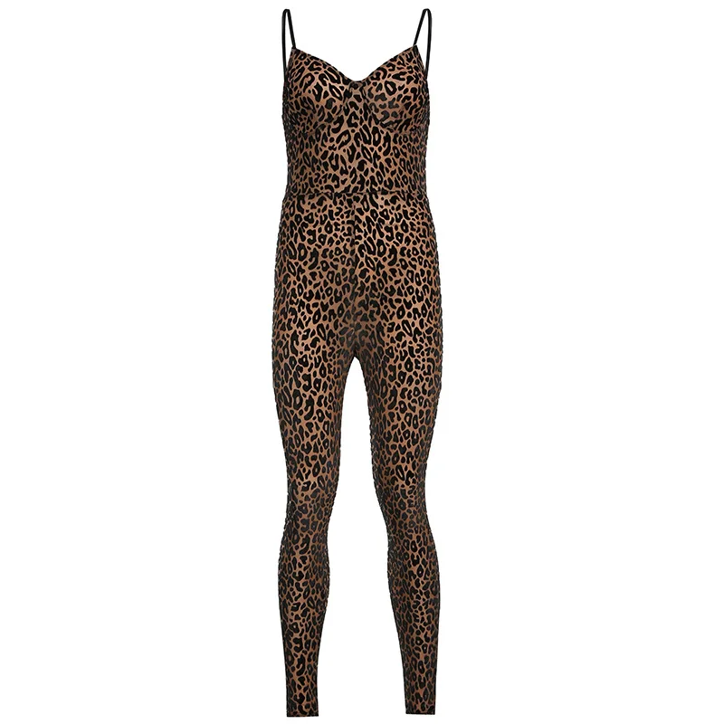 Macacão de camisola magro com estampa leopardo para mulheres, decote V, flocagem de malha, peito baixo, sem mangas, bodycon sexy, macacão clubwear,