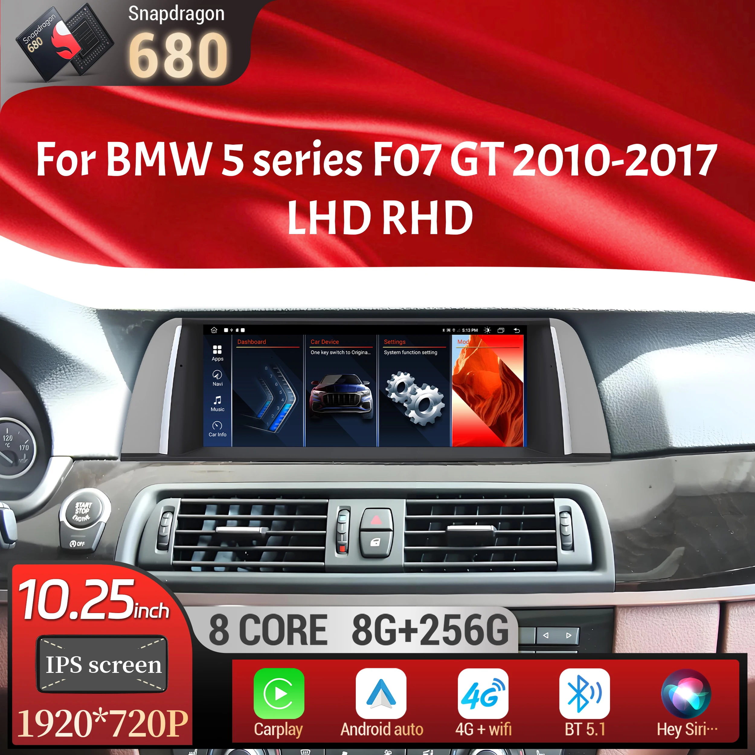 

10.25 inch Android 13 Car Radio For BMW 5 series F07 GT 2010-2017 GPS Wireless Bluetooth Carplay Snapdragon 680 Head Unit Screen