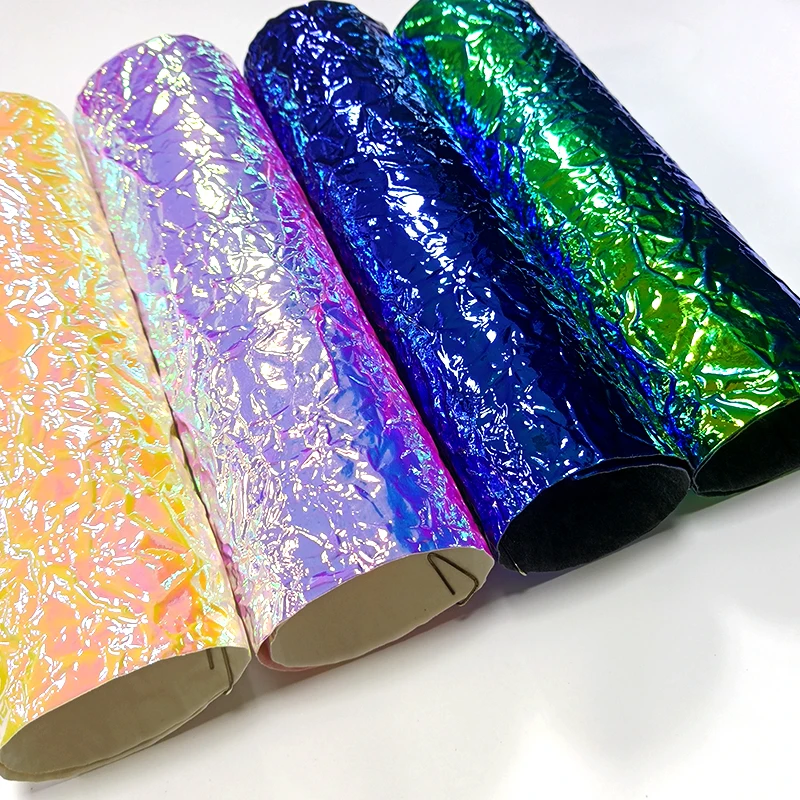 Holographic Embossed PU Faux Leather 3D Dichroic Pattern Hologram Roll Metallic Flash Fabric for Bow Shoe Bag DIY Decor 46*135CM