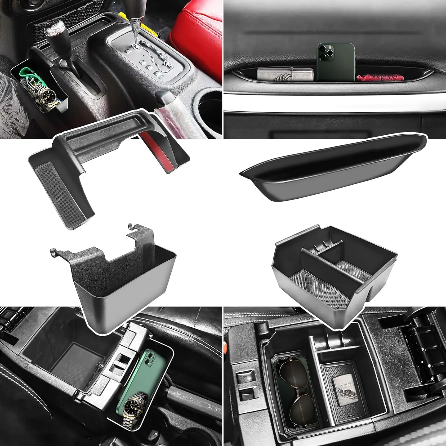 

4PCS Center Console Organizers for Jeep Wrangler JK/JKU 2011-2018 2/4 Door Middle Armrest Tray Hanging Storage Box Grab Handle