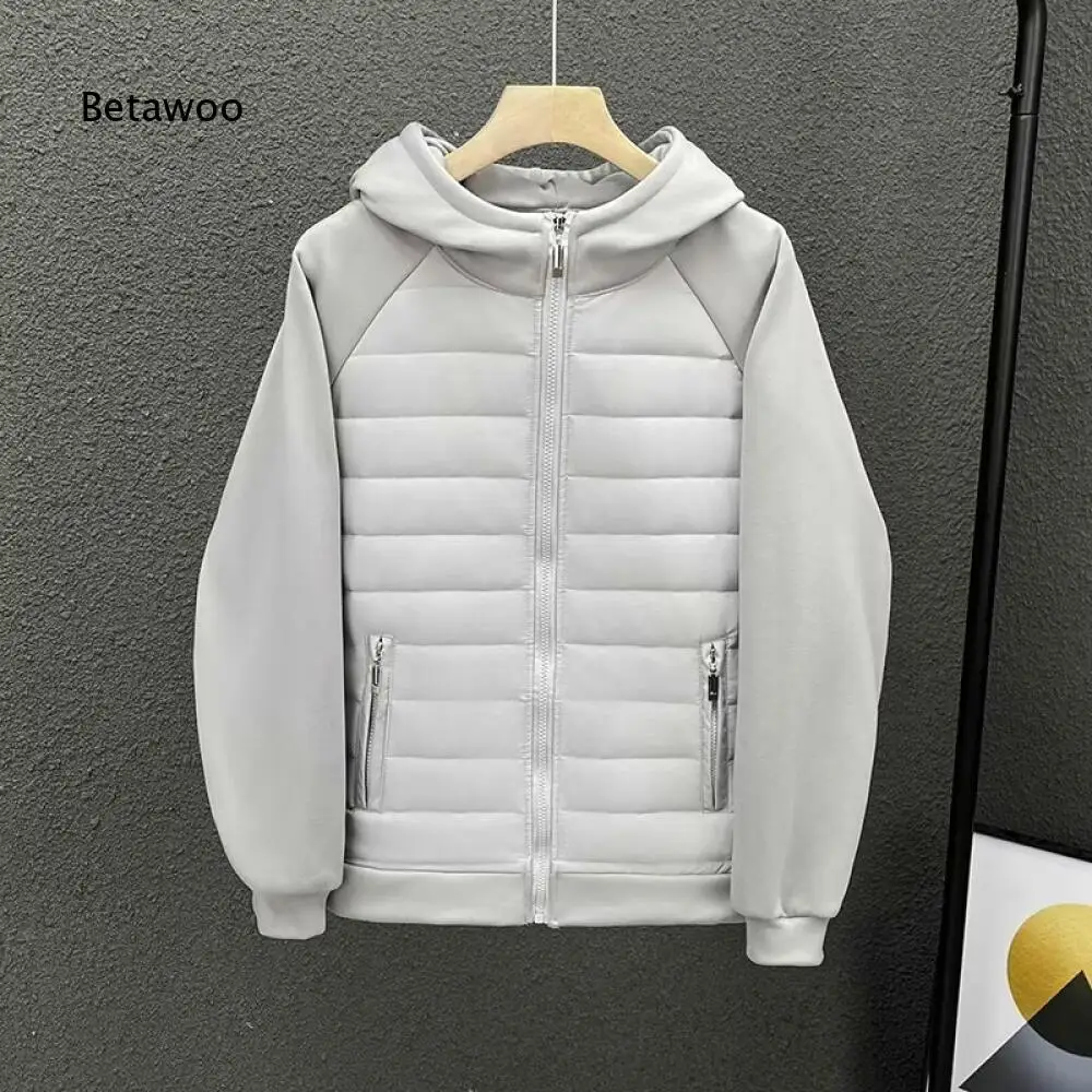 Light Warm Spliced Design Hooded Puffer Outerwear Men Zip Up Hybrid Fabric Winter Jacket For Daily Casual Outdoor Activities