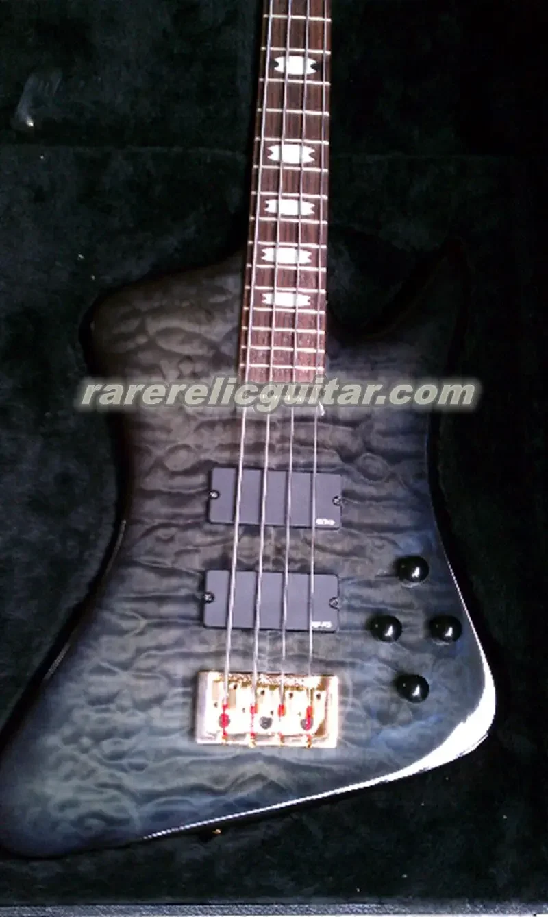 Rare 4 Strings Classic Spectbird Electric Bass Guitar Black Quilted Maple Top, Gold Hardware, Crown Inlay