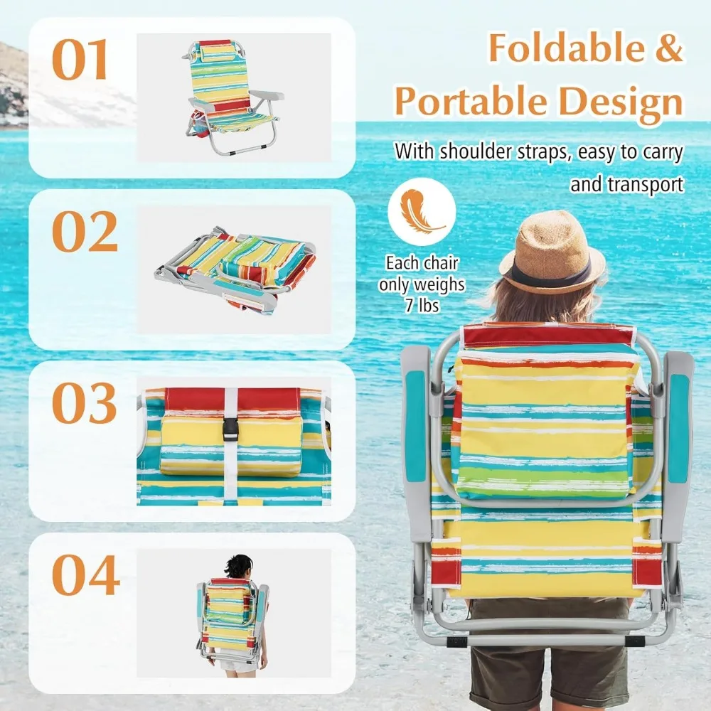 Beach Chair, 330lbs Backpack Lounger with 5-Position Backrest, Storage Bag, Side Pocket, Towel Bar & Headrest, Foldable Low