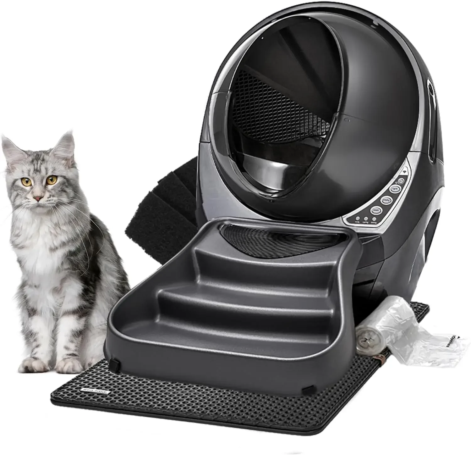 Litter-Robot 3 Connect Core Bundle by Whisker, Grey - Includes Automatic, Self-Cleaning Litter Box, LitterTrap Mat, Fence, Ramp