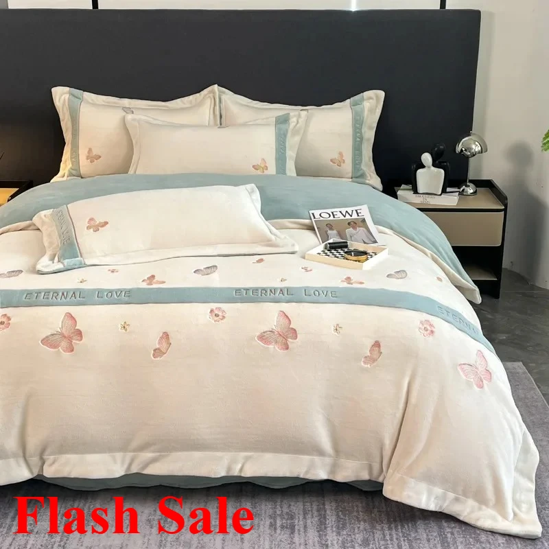 

2025 New light luxury milk fleece four-piece set, winter high-gram embroidery thickened warm high-end bedding