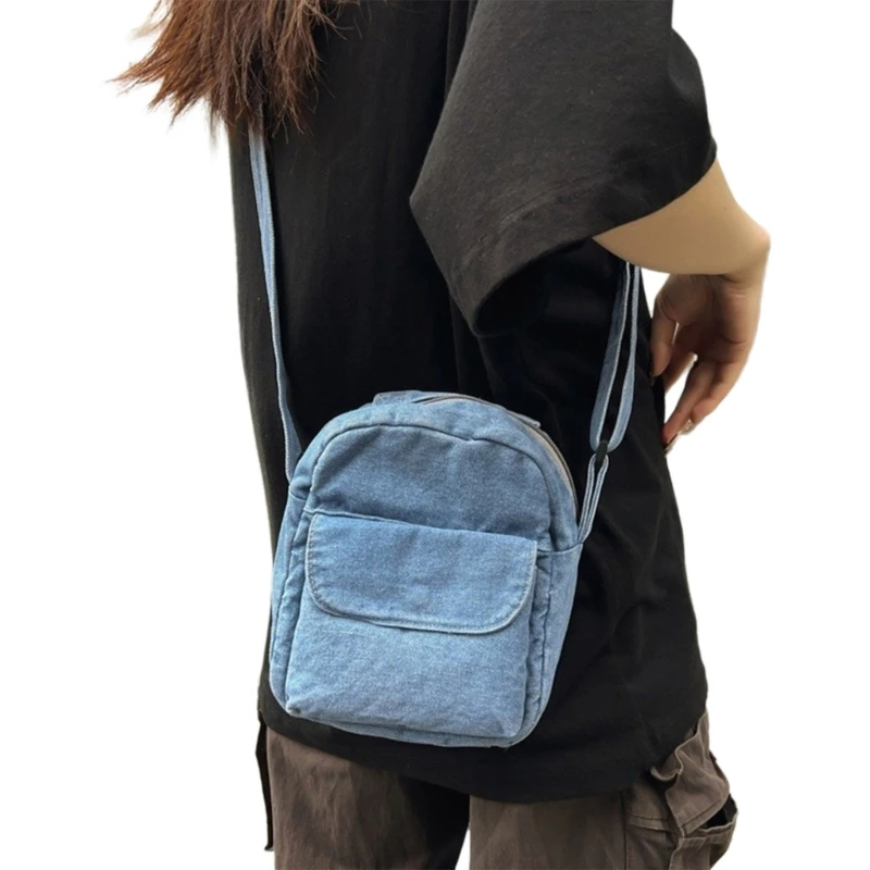 Vintage lavado denims saco telefone japonês harajuku pequena bolsa ombro crossbody com zíper para uso diário