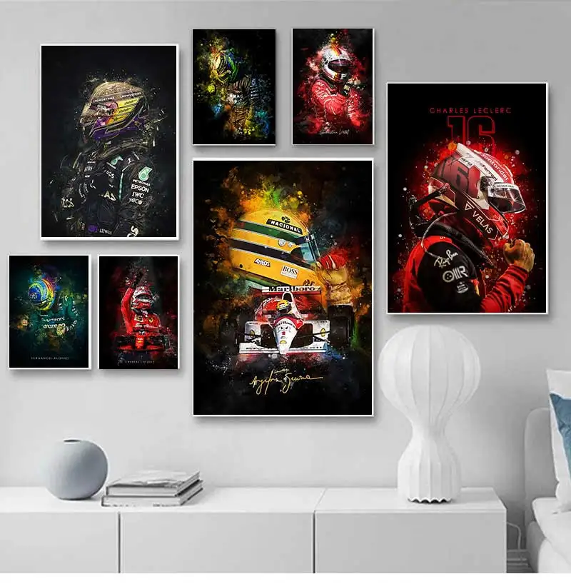 Póster de Fórmula 1 Racer Legend Lewis Hamilton, pintura en lienzo, acuarela, arte de pared estético para decoración del hogar y sala de estar