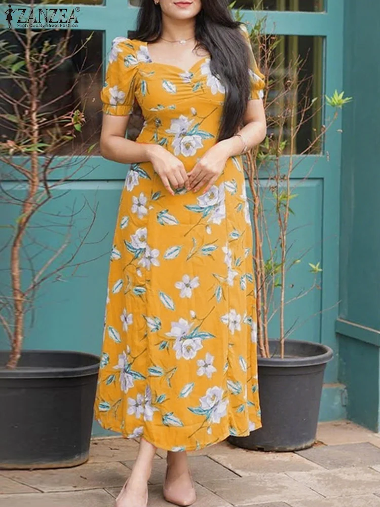 ZANZEA 2025 Bohemian Dress Women Elegant Printed Maxi Long Sundress Short Puff Sleeve Summer Vestidos Casual Loose V-Neck Robe