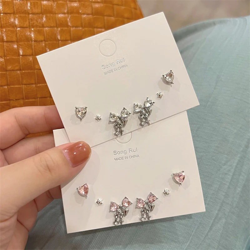 Y2k Bowknot Heart Zircon Stud Earrings para mujeres y niñas, Color plateado, estrella, Piercing, conjunto de pendientes, joyería Coreana de moda, regalos de fiesta
