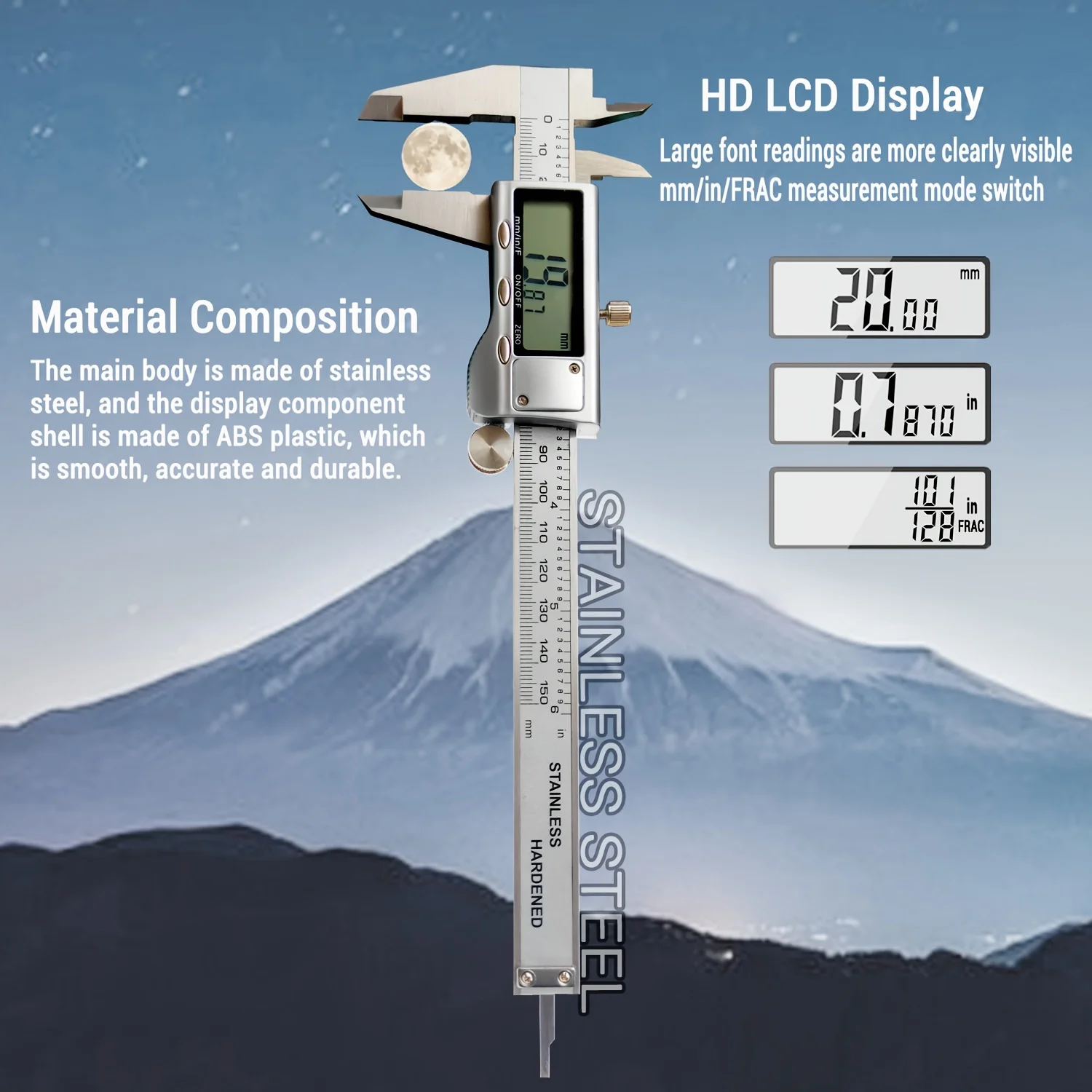 Digital Caliper Stainless Steel Vernier Caliper Digital Micrometer With Large LCD Screen, Easy Switch From Inch Metric Fraction