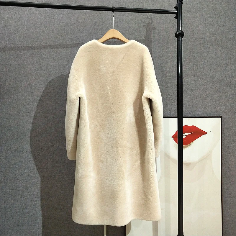 Women Simple Luxury Round Neck 100% Lamb Fur Long Coat Sheep Shearling Female Winter Warm Jacket Parka PT371
