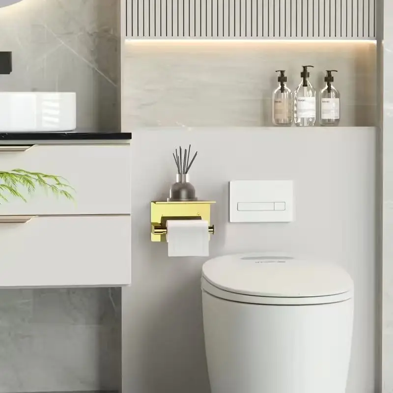Luxurious Golden Toilet Paper Holder with Phone Shelf - 304 Stainless Steel, Polished Self-Adhesive Wall Mount, No-Drill Install view 4