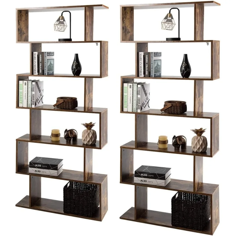 6 Tier Geometric Bookshelf, Living Room Modern S-Shape Storage Display Bookshelf, Anti-tip Device, 6 Tier Open Bookshelf