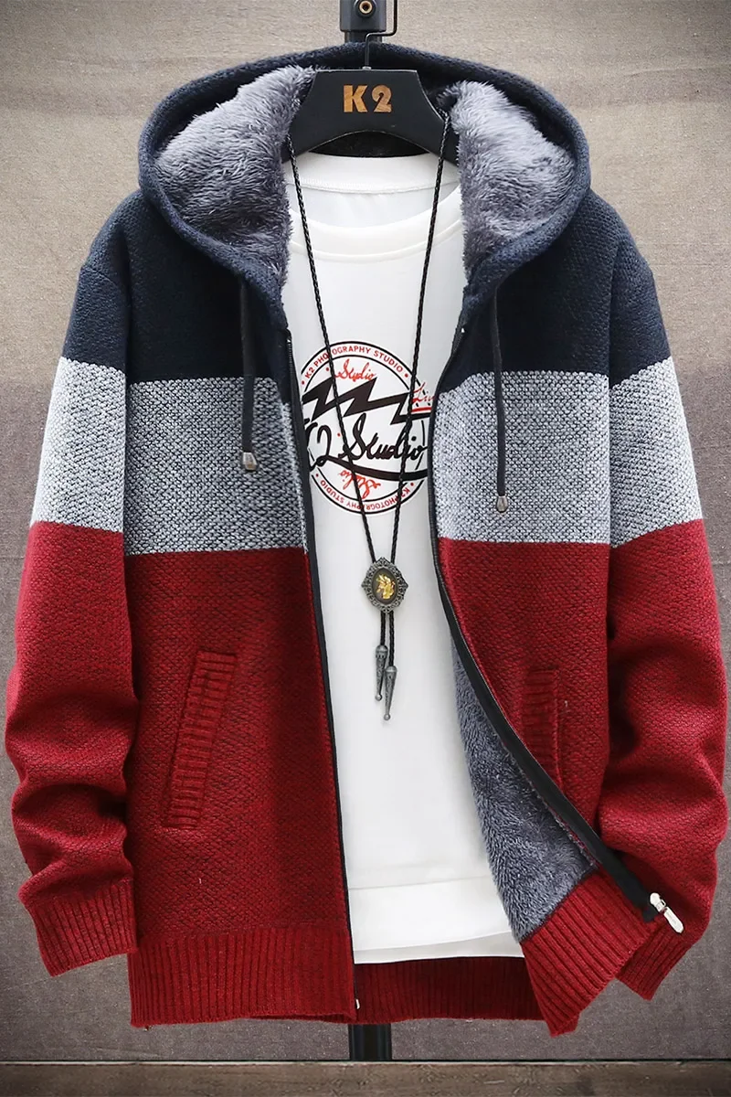 2023Autumn Korean Hooded Men's Sweaters with Thick and Velvet Men's Cardigan Knitted Sweatercoats Patchwork Jacket Male