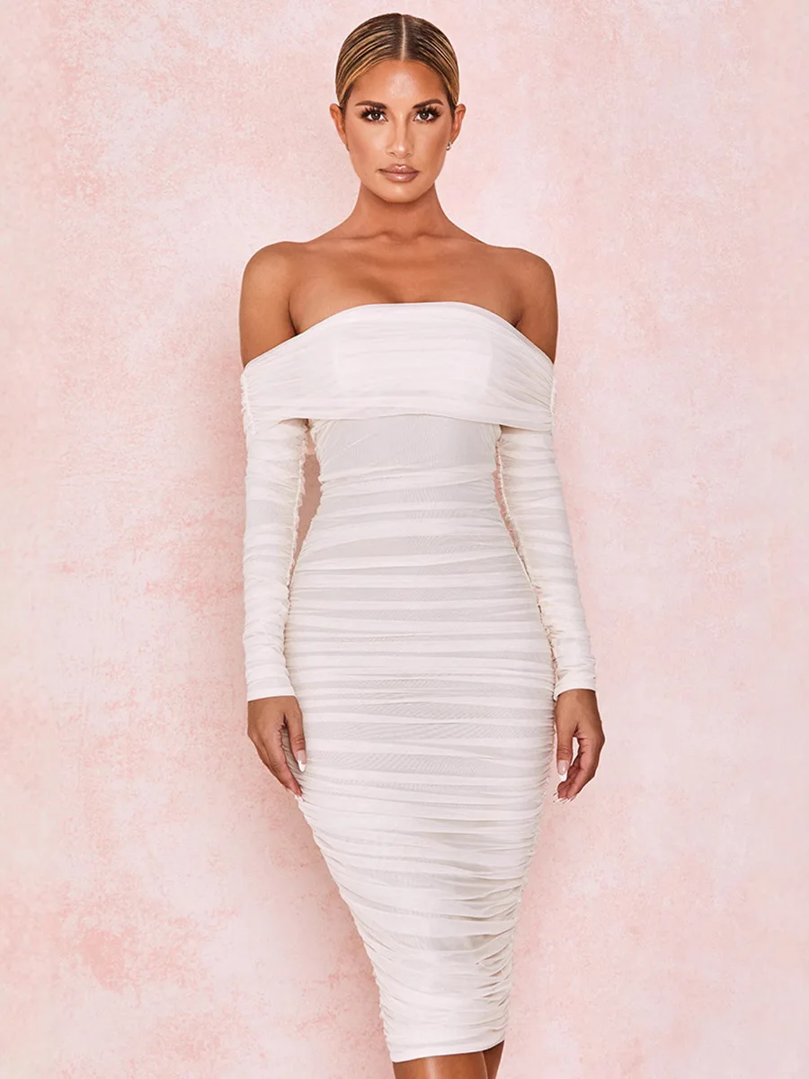 Articat メッシュシアーオフショルダーミディパーティードレス女性春エレガント長袖シャーリングボディコンドレスホワイトバックレス Vestidos
