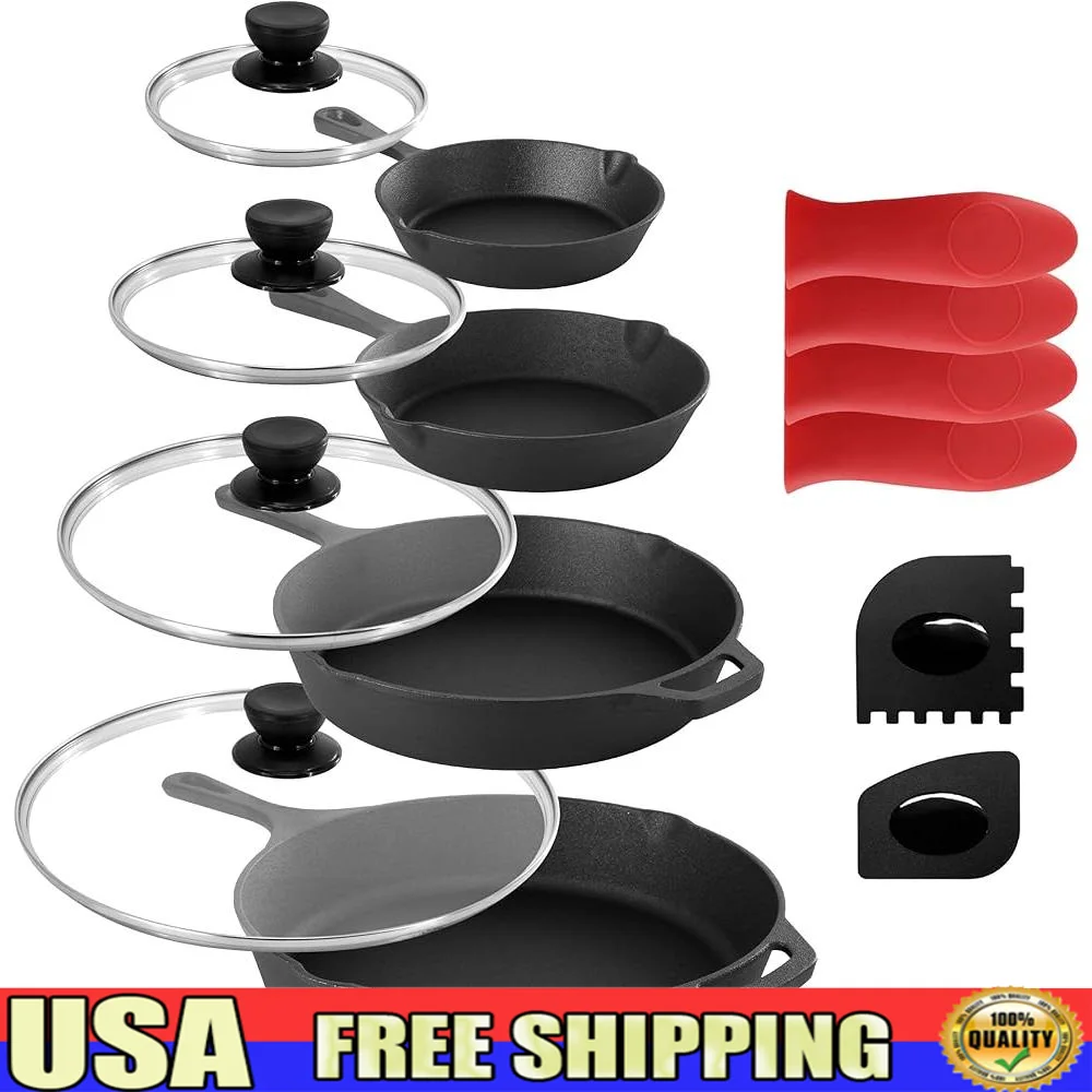 

13 Piece Cast Iron Skillet Set Pre-Seasoned Cookware with Tempered Glass Lids Silicone Holders Even Heat Distribution Healthy