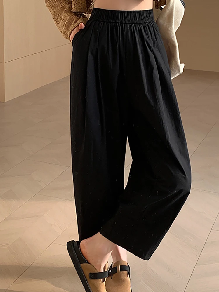 Wide Leg Pants Women Clothing Summer High Waist Elastic Casual Pockets Cotton Loose Ankle-length Pants Solid Pantalones De Mujer