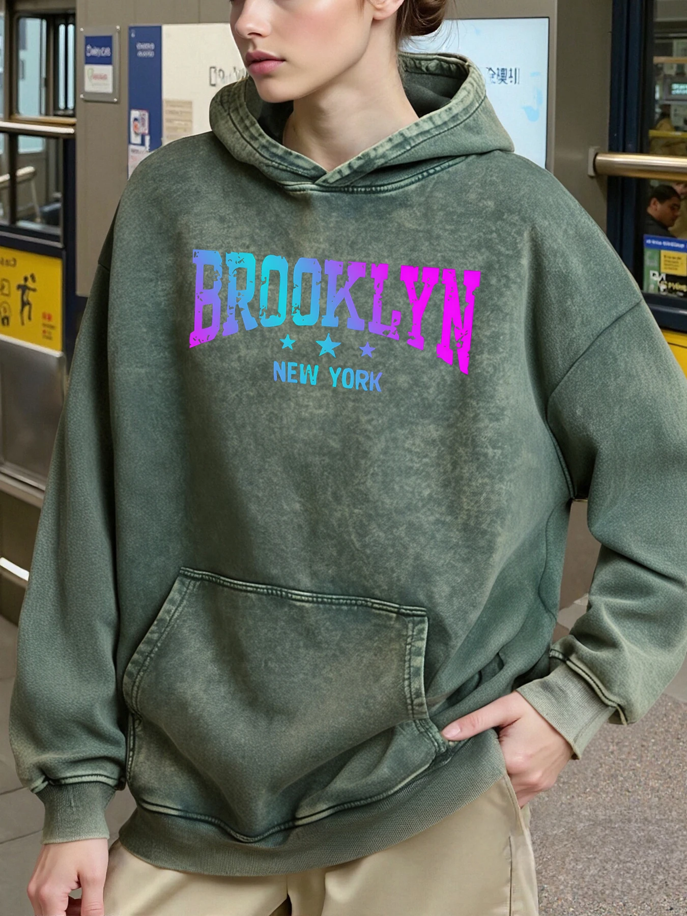 رسالة فنية بروكلين نيويورك طباعة المرأة هودي الخريف الشتاء غسلها هوديس القطن الهيب هوب رياضية جيب ملابس فضفاضة #3