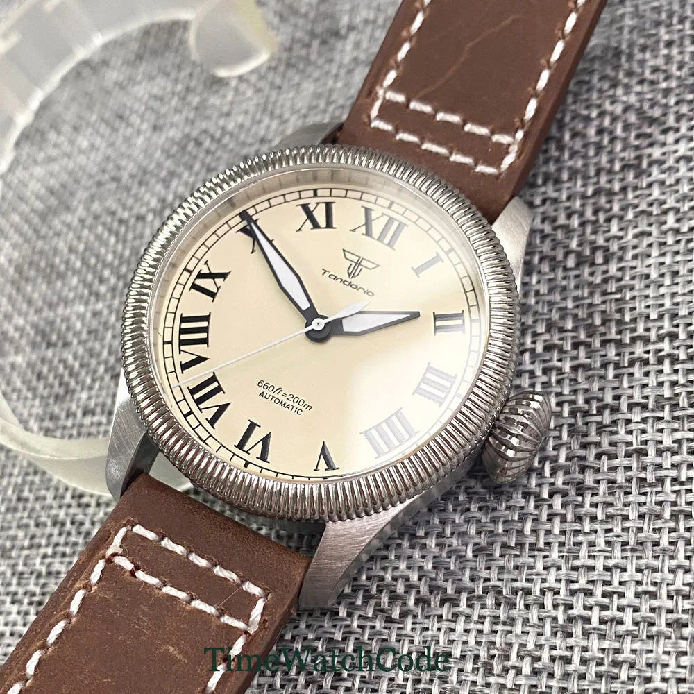 Vintage Tandorio Automatic Diver Watch for Men 39mm 200m Water Resistant Coin Bezel NH35 PT5000 Sapphire Crystal Leather Strap