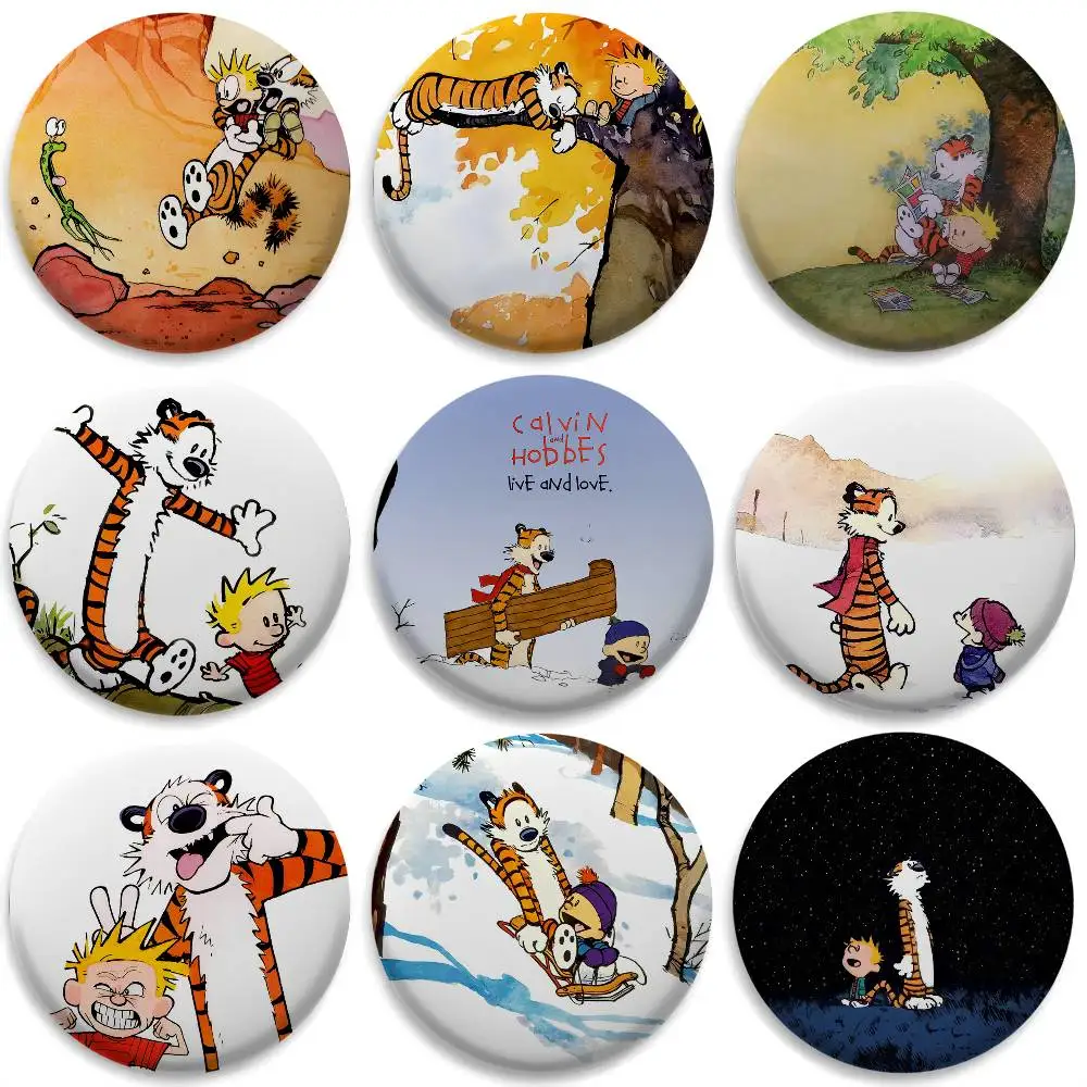 

Comic C-Calvin And H-Hobbes Badges Round Exquisite Badge Brooches Creative Pins For Clothes Hat Backpack Gift Accessories