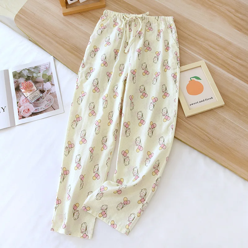 2024 Spring/Summer New Women's Sleeping Pants 100% Cotton Double Layer Gauze Long Pants Thin Loose Cute Home Pants Ladies