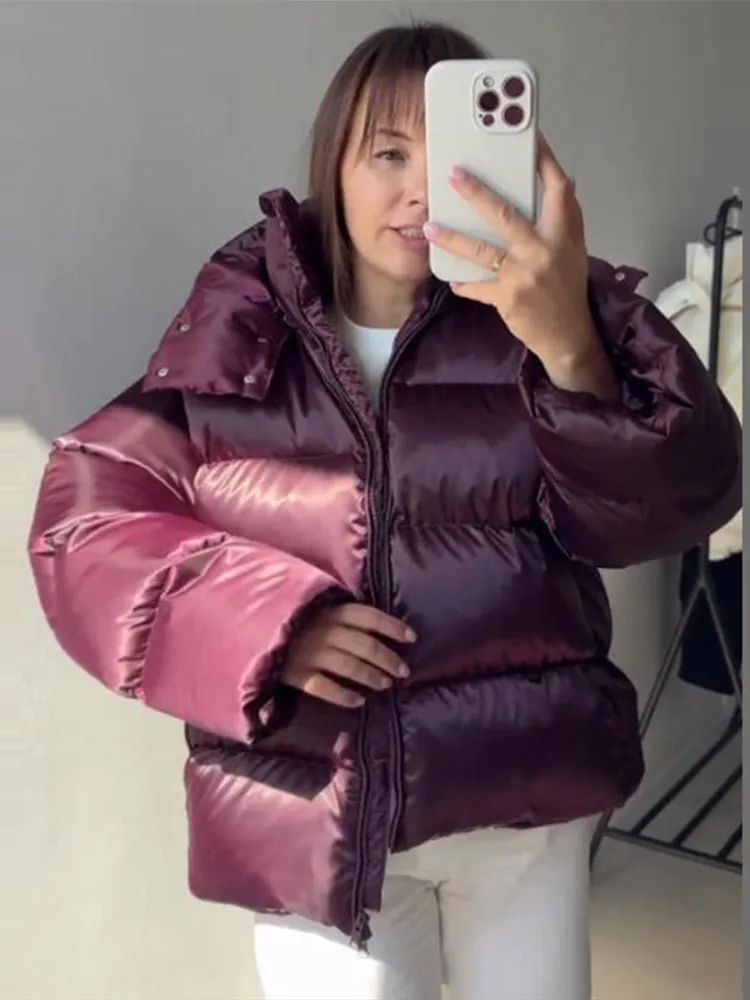 2026 Winter Women Dusty Blue Hooded Glossy Cropped Puffer Jacket High Collar Zip Up Horizontal Quilted Oversized Down Outerwear