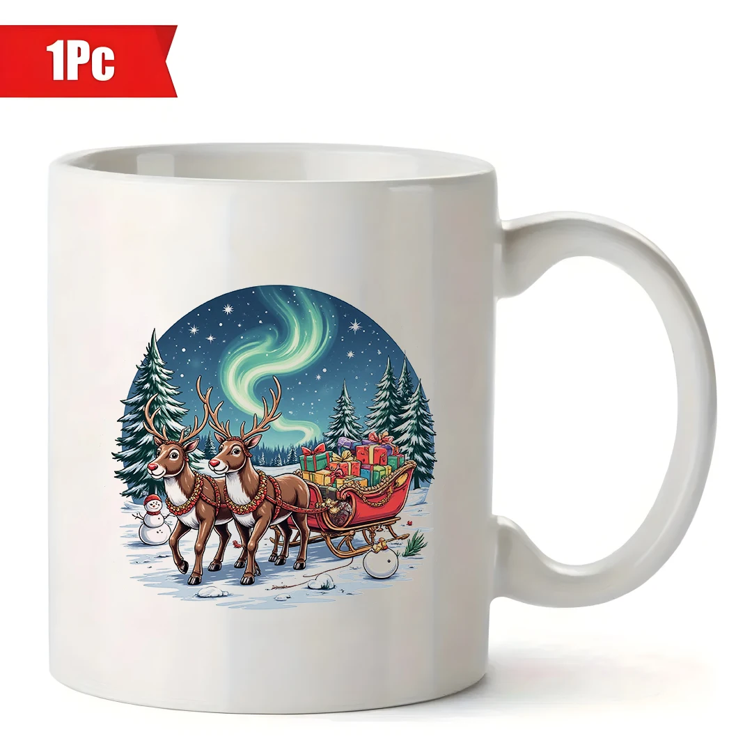 Taza de 11oz, caja de regalo de trineo de Navidad de dibujos animados, ilustración de carro de reno, taza de ambiente festivo, oficina familiar Chris