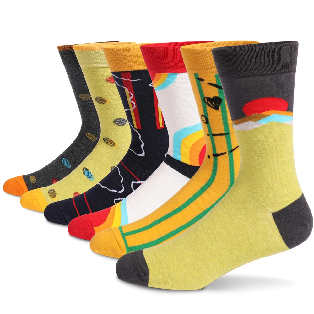 6 Pairs Colorful Men's Dress Socks Fancy Novelty Funny Casual Patterned Breathable Cotton Crew Business Long Socks