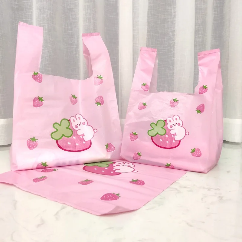 50pcs Pink Strawberry Rabbit Tank Top Thicken Plastic Bag Cute Dessert Cake Embossing Handbag Package Gift Bags