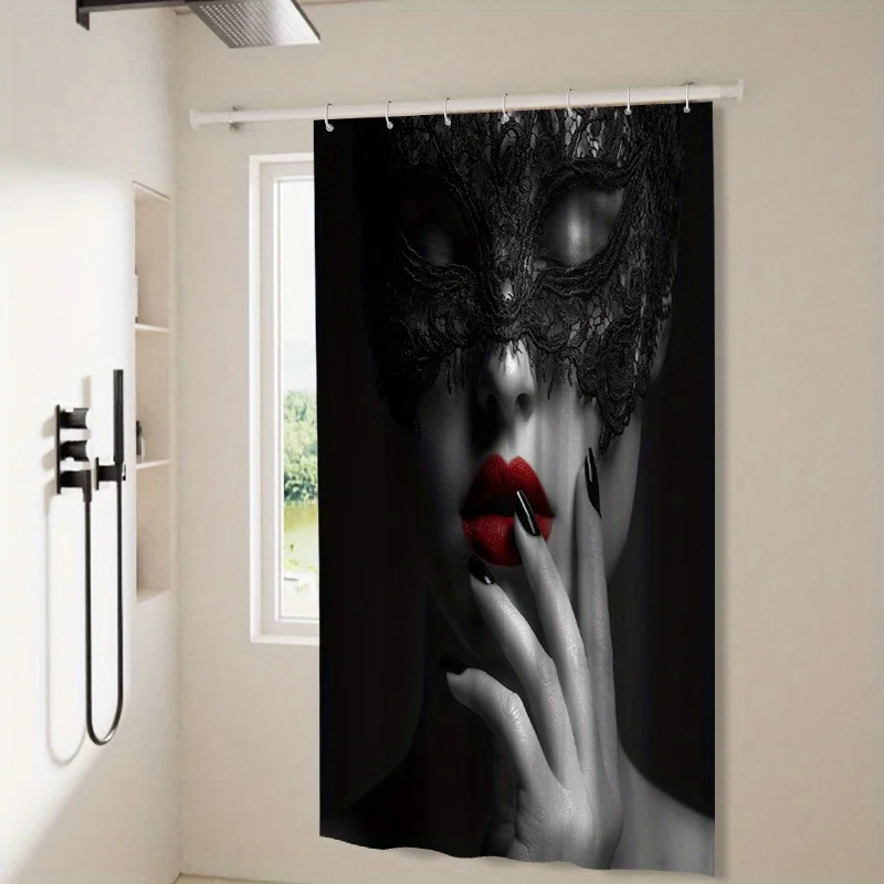 Elegant Masquerade Mask Shower Curtain Black and Red Glamour Bathroom Decor Waterproof Curtain