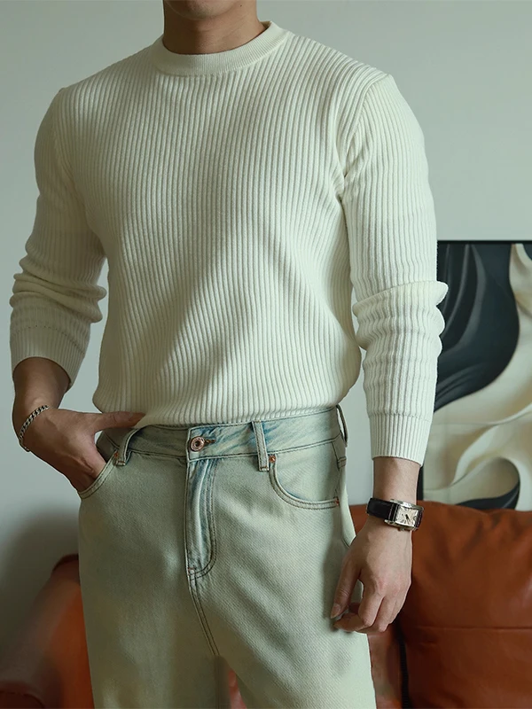 

Мужской свитер-поло с круглым вырезом и длинным рукавом из ребристого трикотажа в стиле ретро, теплый, осенне-зимний, простой, в полоску, повседневный, модный