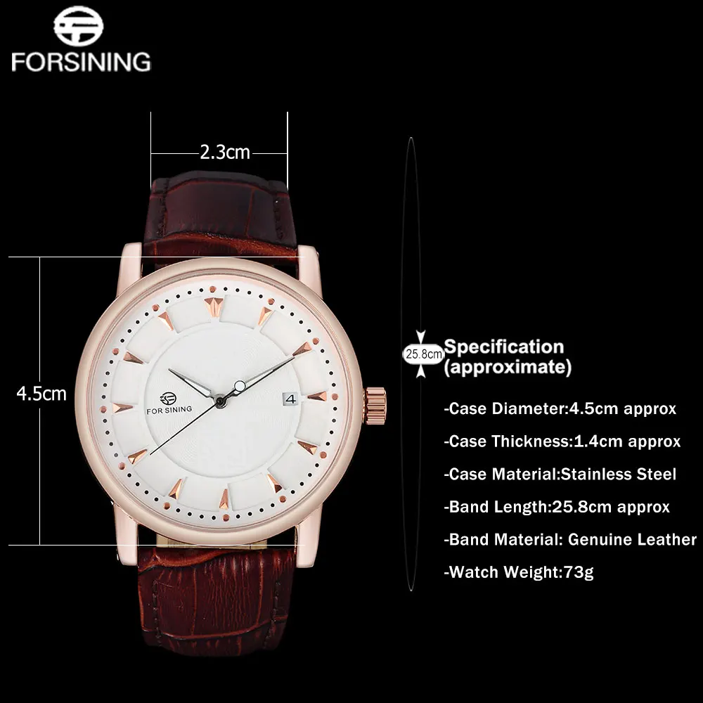 2023 FORSINING China Brand Men Watches Fashion Automatic Self Wind Watch White Dial Auto Date Rosegold Case Genuine Leather Band