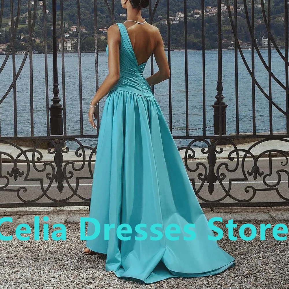 Elegant Party Dresses Woman Floor Length One Shoulder Straight Satin Sleeveless Pleats Crystal Sweep Train Quinceanera Gowns