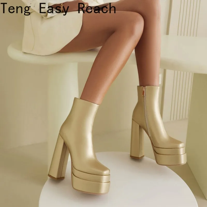 

New Gold Women's Platform Ankle Boots Fashion Patent Leather Front Zipper Square Head High Heel Motorcycle Boots Winter