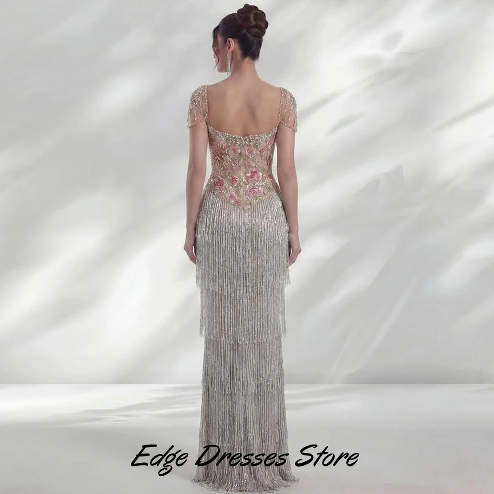 Charming Customized Square Collar Short Sleeves Party Dress Handmade Flowers Evening Dress Sparkly Tiered Tassel Homecoming Gown
