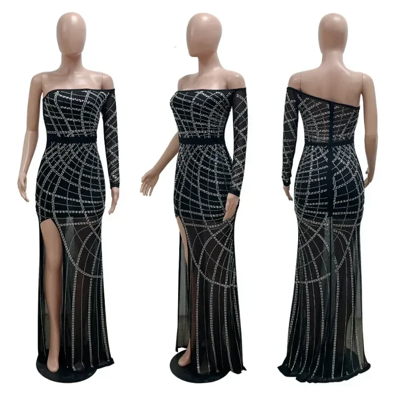 GUWU الماس الساخن الراين المرأة حمالة Bodycon فستان طويل مثير شير نادي حفلة عيد ميلاد مساء حفلة موسيقية فساتين ماكسي