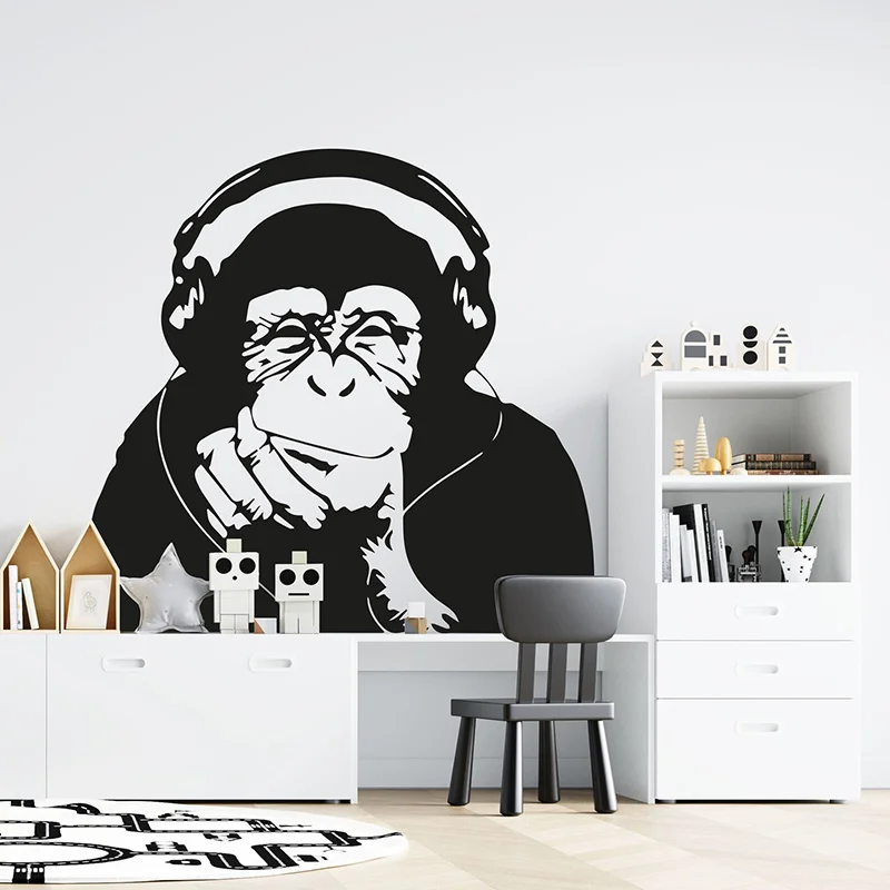 Banksy Thinking Monkey Vinyl Wall Decal Headphones Music Think Gorilla Sticker Home Decor Room Kids Boys Bedroom Wallpaper G107