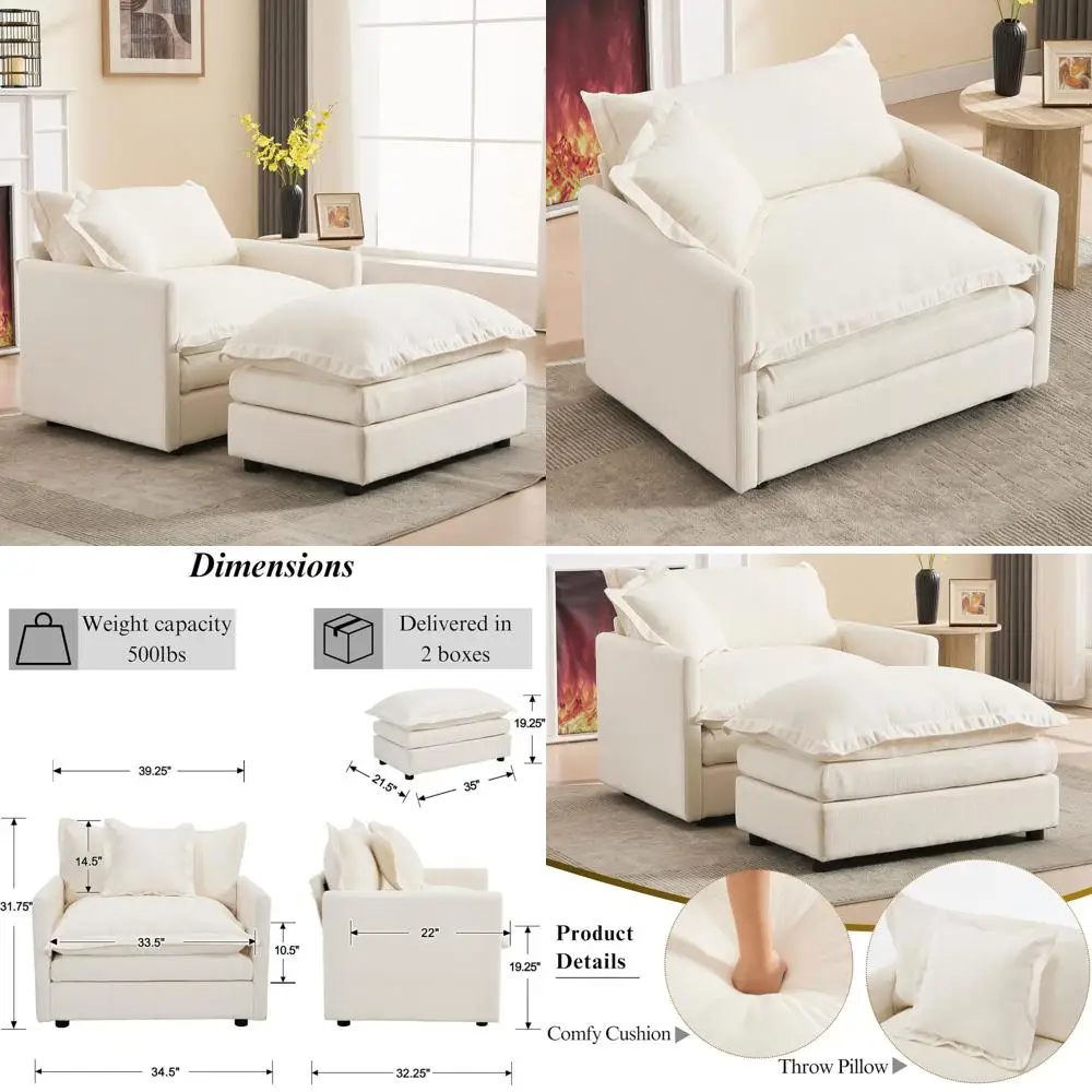 

Large Upholstered Chaise Lounge Chair with Ottoman - Linen White for Indoor Reading, Living Room, or Bedroom