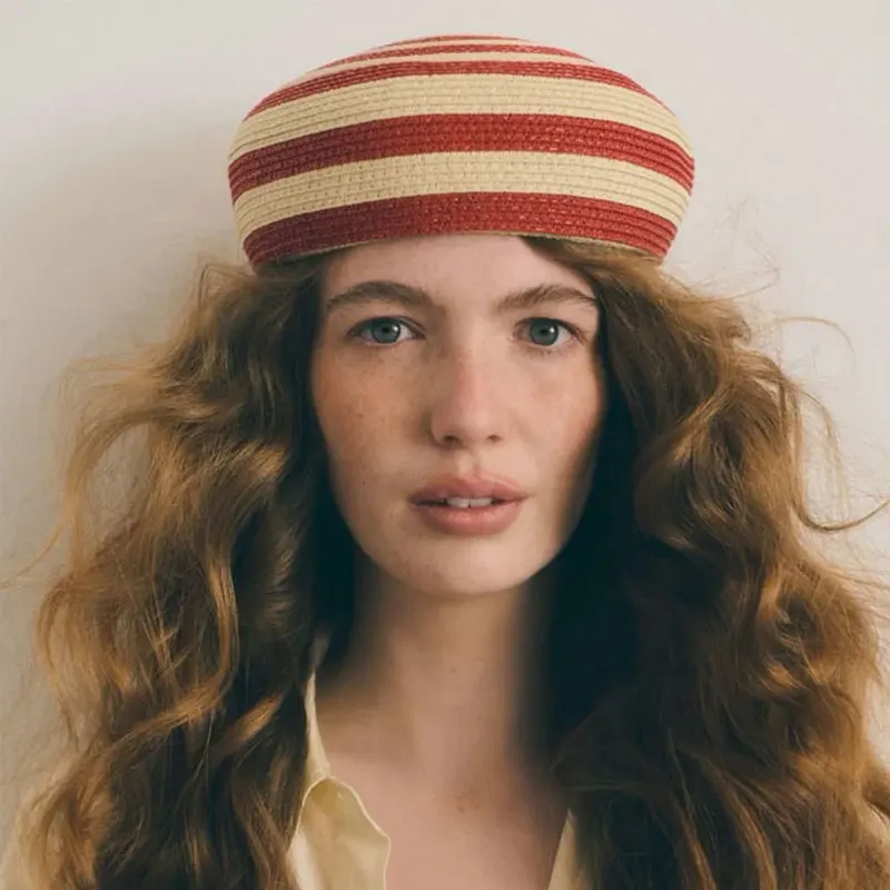 New European American Classic Stripe Hand Woven Berets For Women Summer Fashion Show Medicine Box Hat Church Elegant Painter Hat