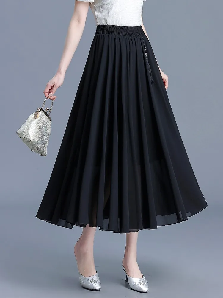 ZUZK Summer Chiffon Long Skirts For Women New Elastic Waist Fashion Boho Beach Maxi Skirts Big Swing Cool Droop Skirt Jupe