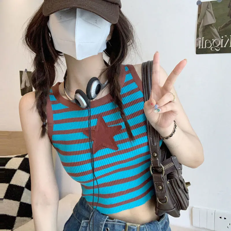 Hotsweet Striped Star Camis Slim Female Clothing Korean Sleeveless Pullovers Summer Round Neck Vintage Contrasting Colors Tanks