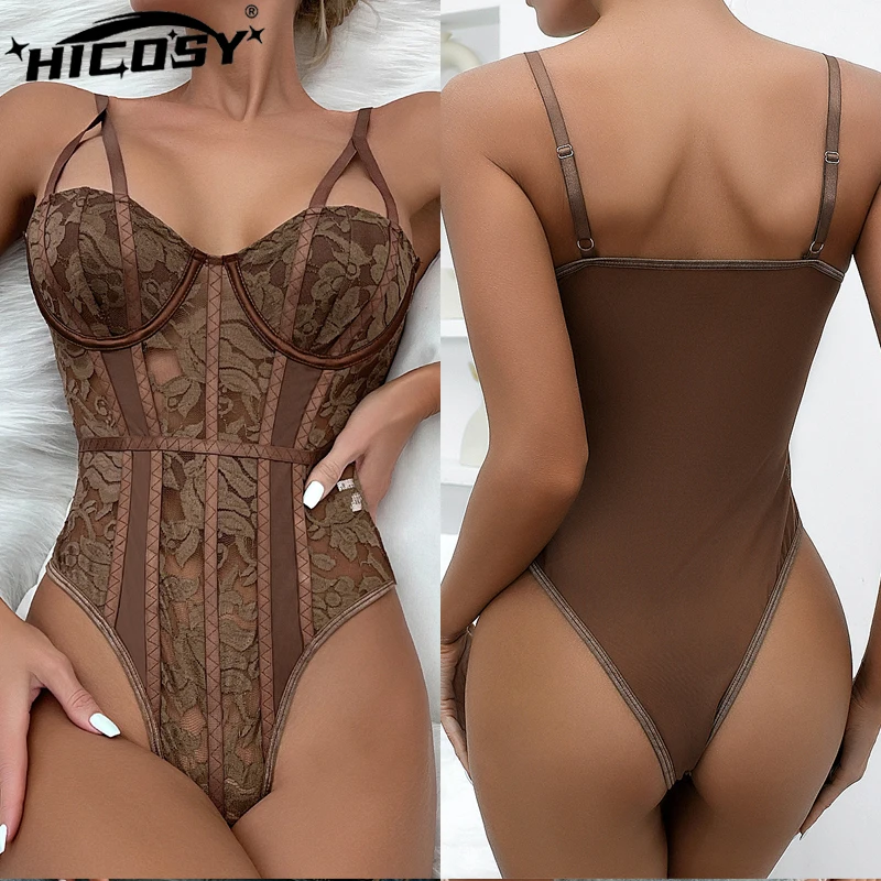 

HICOSY Lace Sexy Lingerie Bodysuit Women Underwear Jumpsuit Corset 1-Piece Lenceria Sensual Mesh Material Overbust Strap Bustier