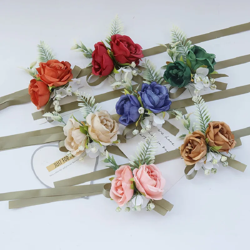 Boutonnière et corsage de poignet, fournitures de mariage, banquet, invités, fleurs simulées, marié, mariée, pâte de haricot rose, 514