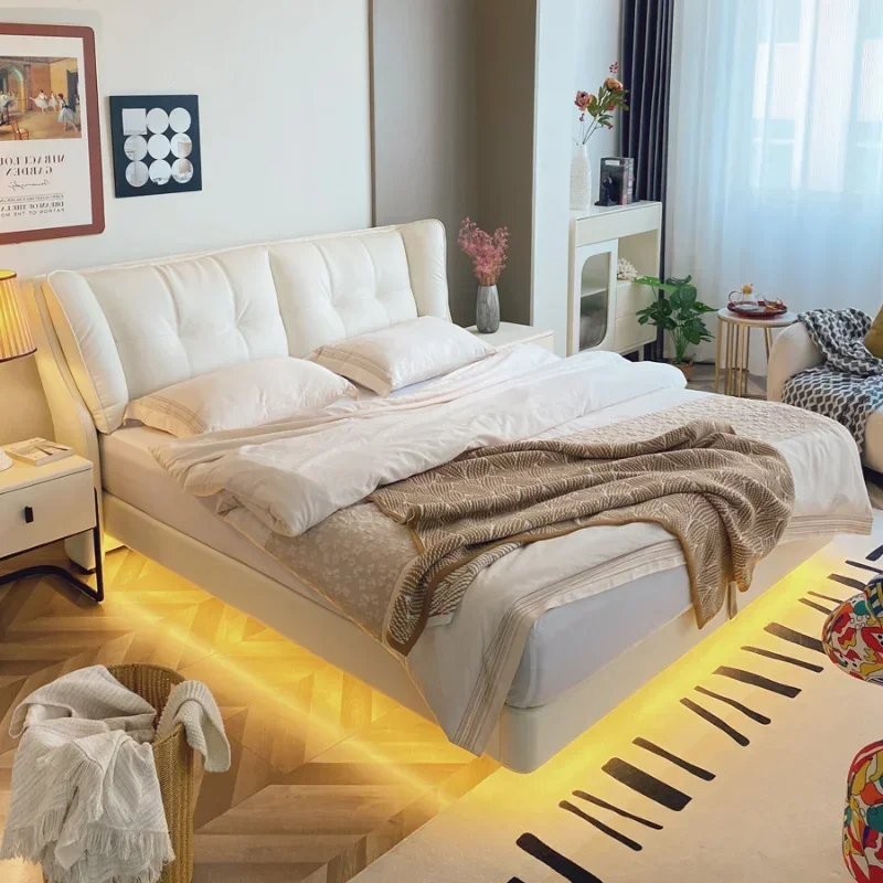 Pretty Nordic Modern Double Bed Storage Girls Lights White Comferter Bed Solid Wood Camas De Dormitorio Bedroom Set Furniture