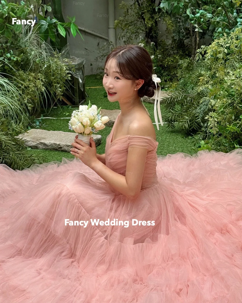 Fancy Sweet Pink Tiered Ruffles Wedding Dress Korea Photo Shoot A Line Soft Tulle Bridal Gown 웨딩드레스 Back Corset customized
