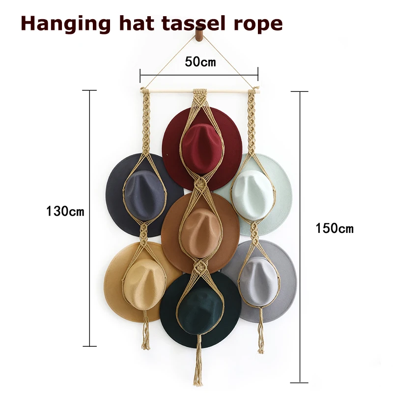 Fedora Hat Storage Decoration Tassel Rope Bohemian Cotton Rope Woven Straw Hat Cowboy Hat Storage Rack Multi-layer Hanging Wall