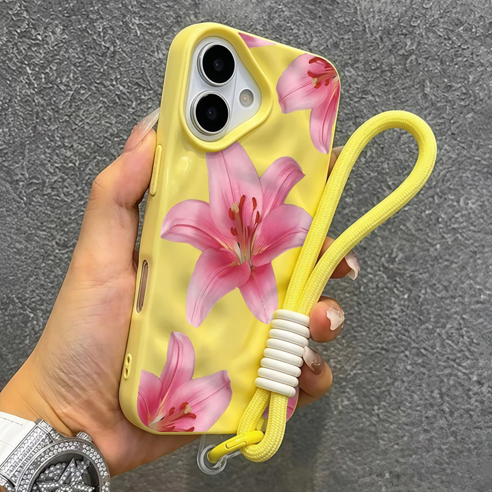Hibiskusblüten Falten-Silikon-Handyhülle für iPhone 17 15 13 11 12 14 16 17 Pro Max 14 15 Plus 17 Air mit Lanyard INS Cover – Detail 7