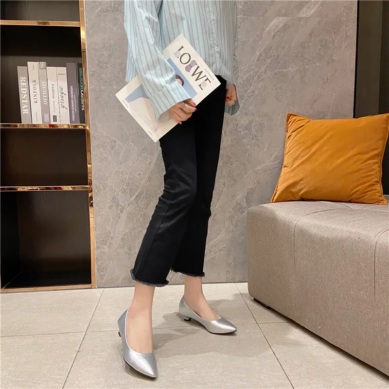 Spring Low Heel Shoes for Women Pu Leather Solid Color Silver Shoes Gold Low-heels 3.0cm Size 35-41 Pointed Toe Comfortable