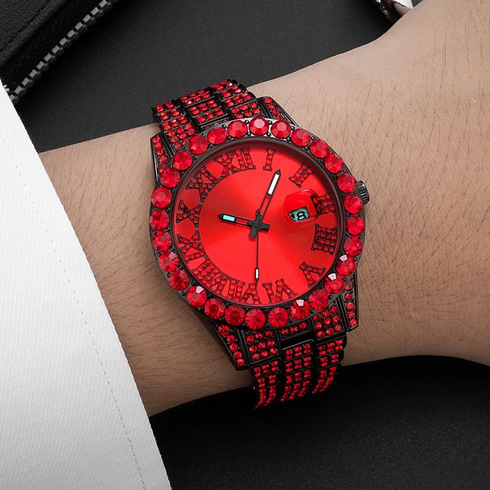 MISSFOX Men Crystal Quartz Watch Full Paved Rhinestone Alloy Wristwatch Roman Numeral Dial Waterproof Ladies Dress Bracelet Watch Gift