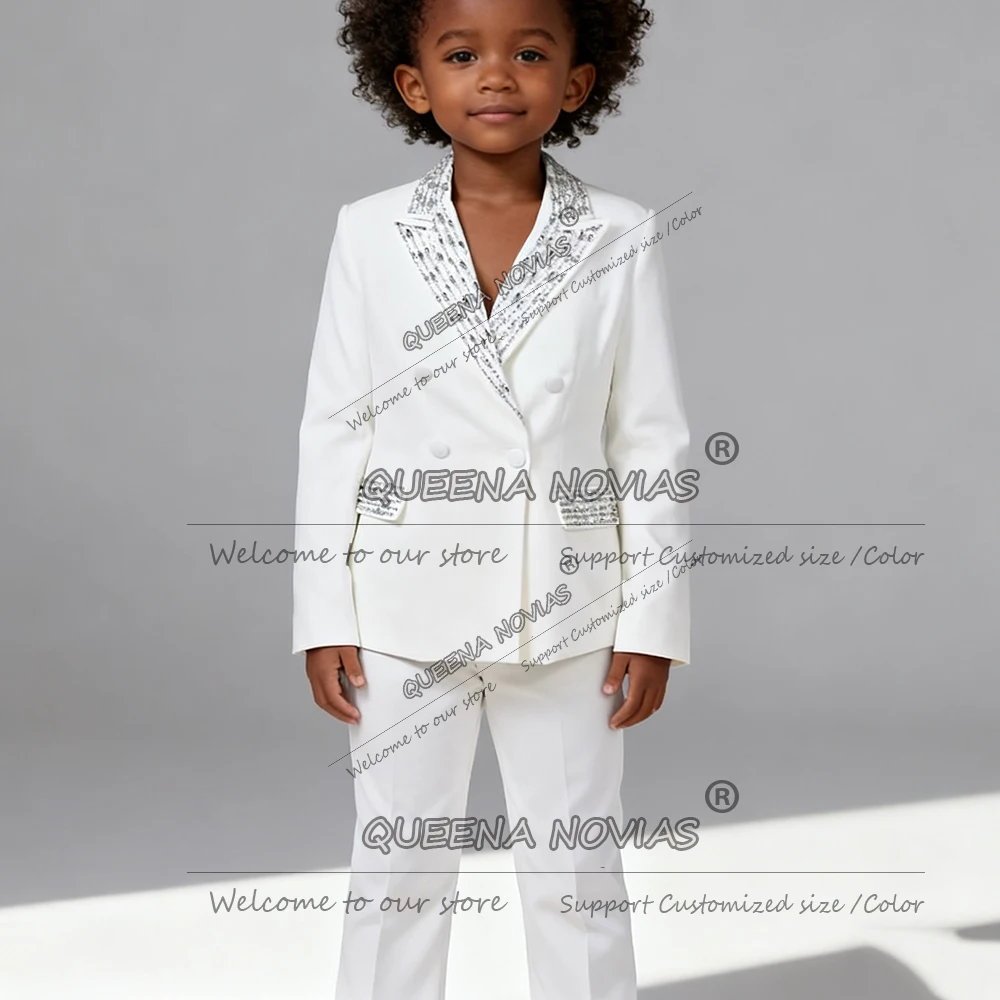 

Elegant Crystals Beaded Boys Suits For Wedding Double Breasted Jacket Pants 2 Pieces Sets Children Celebrate Tuxedos Kids Attire